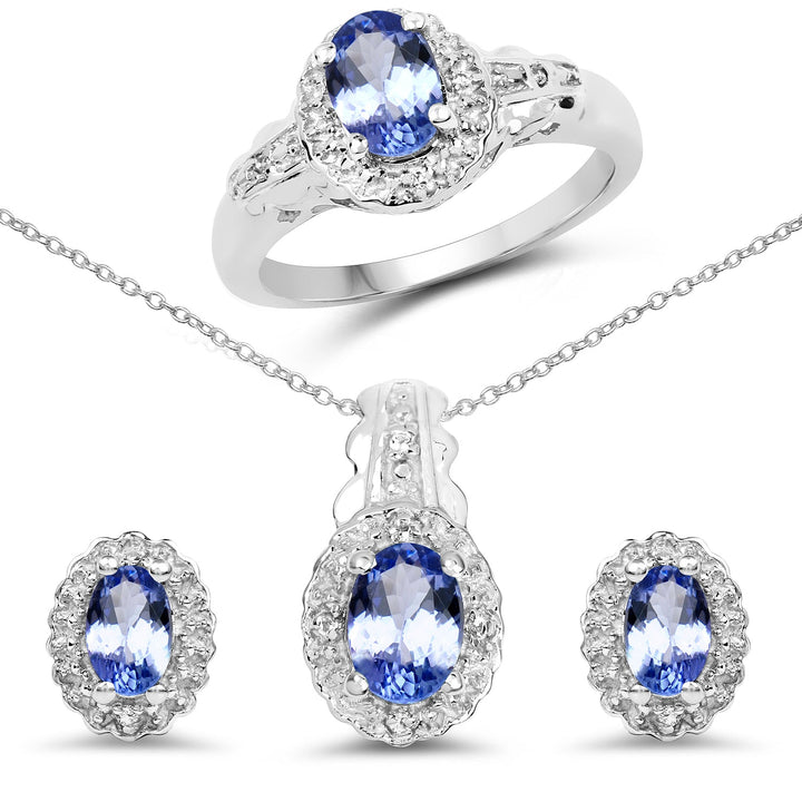 2.46 Carat Genuine Tanzanite and White Topaz .925 Sterling Silver 3 Piece Jewelry Set (Ring, Earrings, and Pendant w/ Chain)