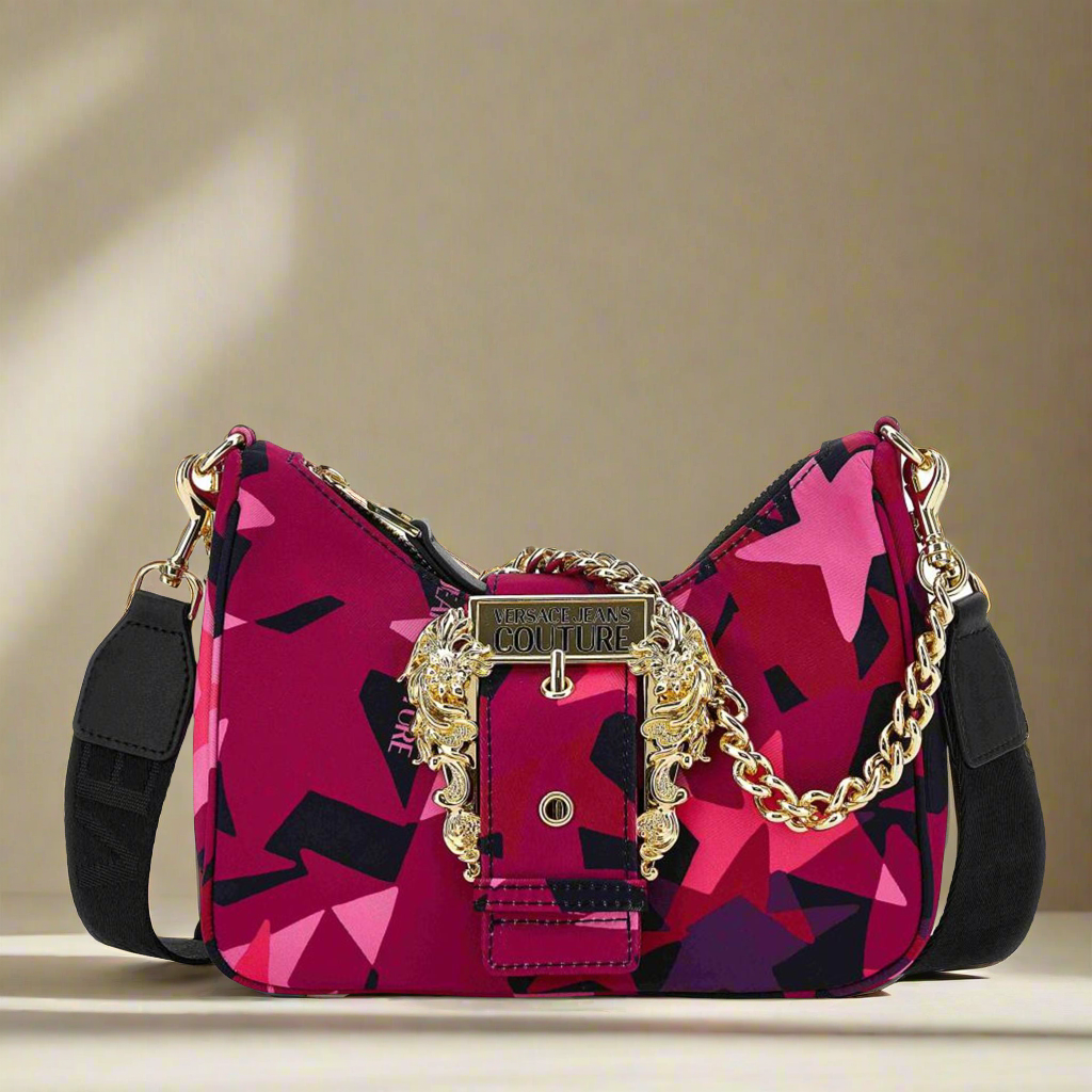 Versace Jeans Couture shoulder bag in pink with gold emblem, synthetic material, stylish and trendy design.