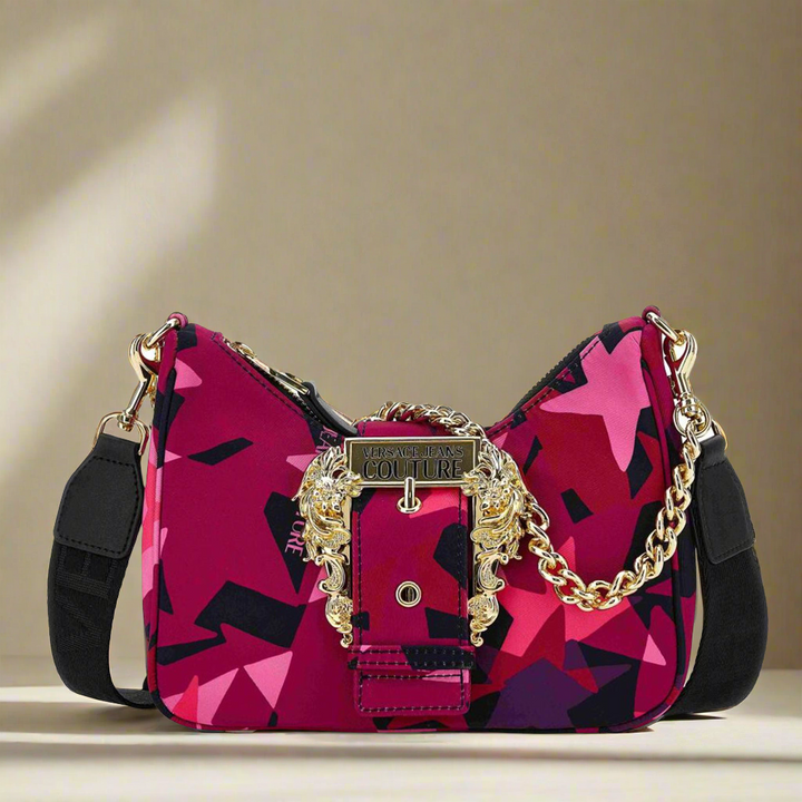 Versace Jeans Couture shoulder bag in pink with gold emblem, synthetic material, stylish and trendy design.