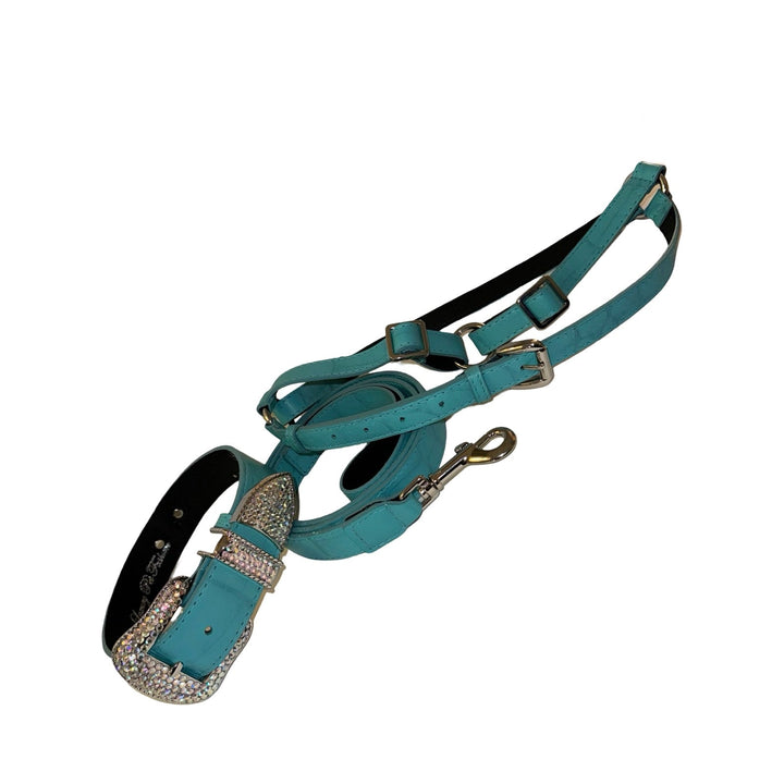The Tiffany Collection. Gorgeous Turquoise Blue Embossed Croc Italian Leather Collar, Leash &amp; Harness Set, With Our Custom Swarovski Crystal Hardware
