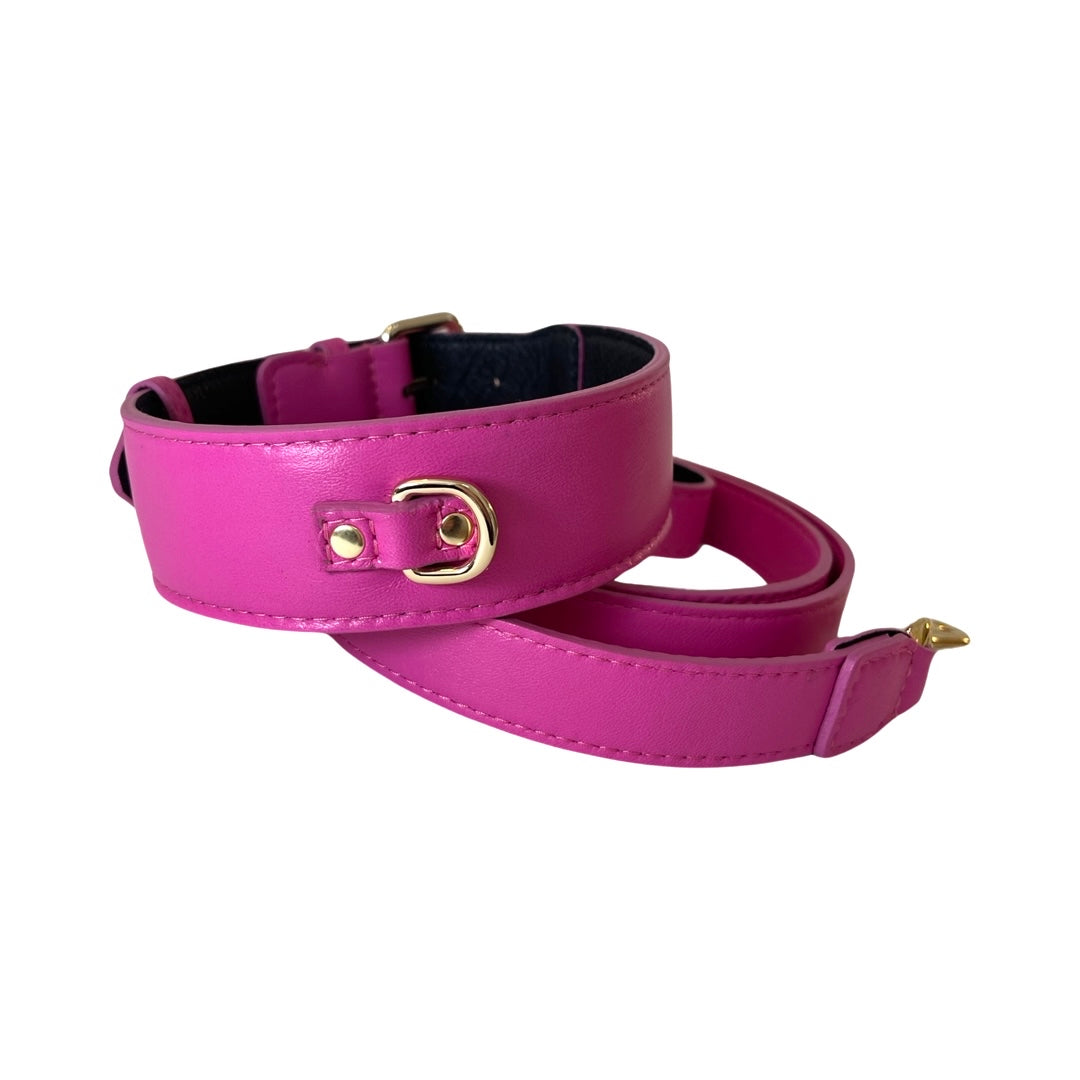 Classic Fuchsia Pink Italian Leather Collar &amp; Leash Set