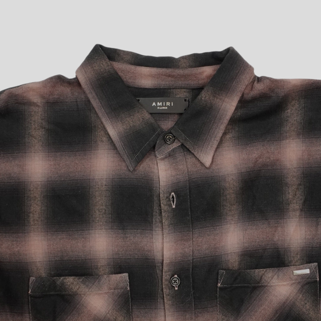 Amiri Distressed Plaid Button Up in Brown