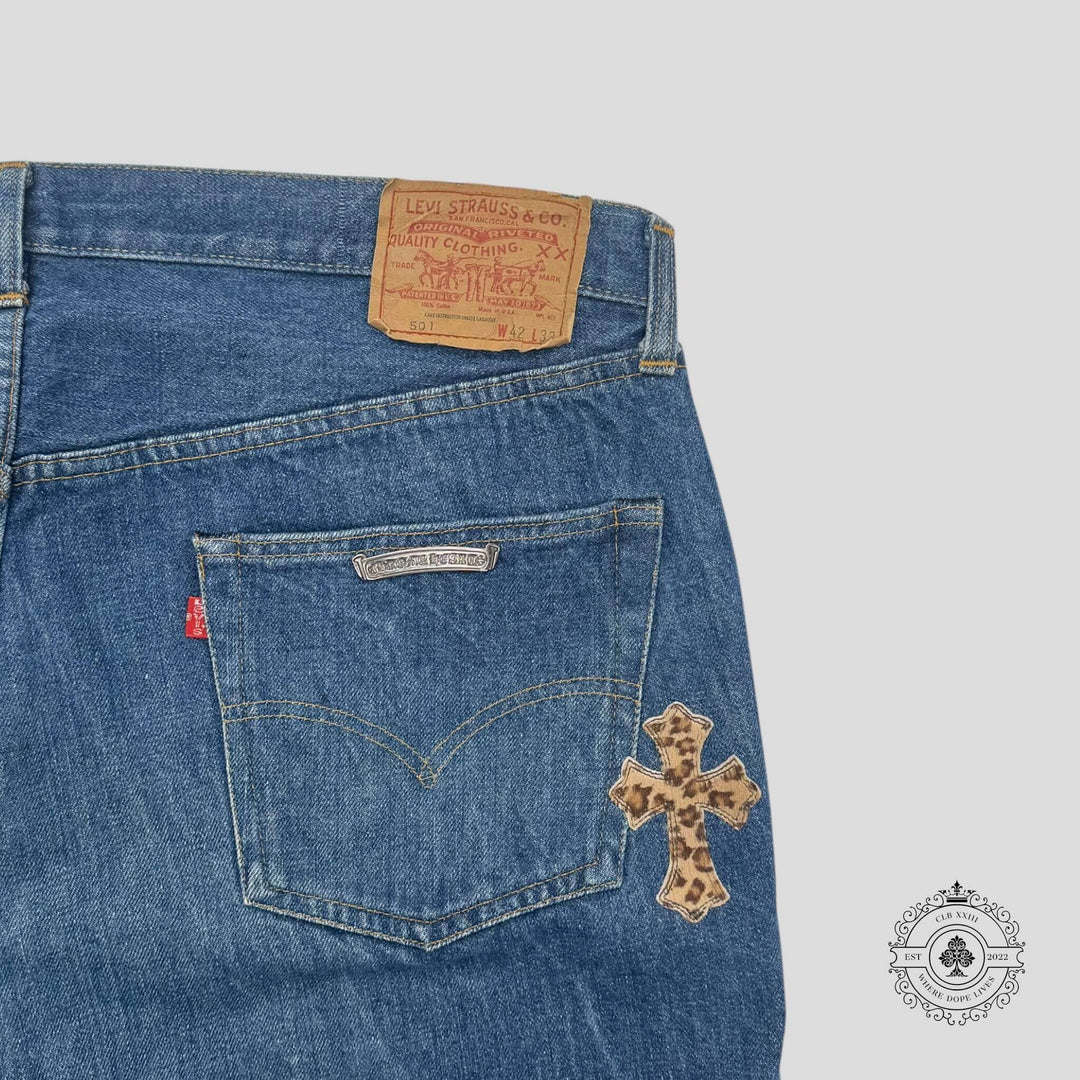 Chrome Hearts Levis Cross Patch Jeans featuring a rare leopard print cross patch and flawless dark indigo color.
