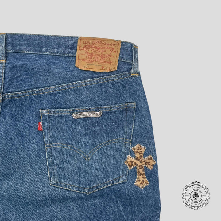 Chrome Hearts Levis Cross Patch Jeans featuring a rare leopard print cross patch and flawless dark indigo color.