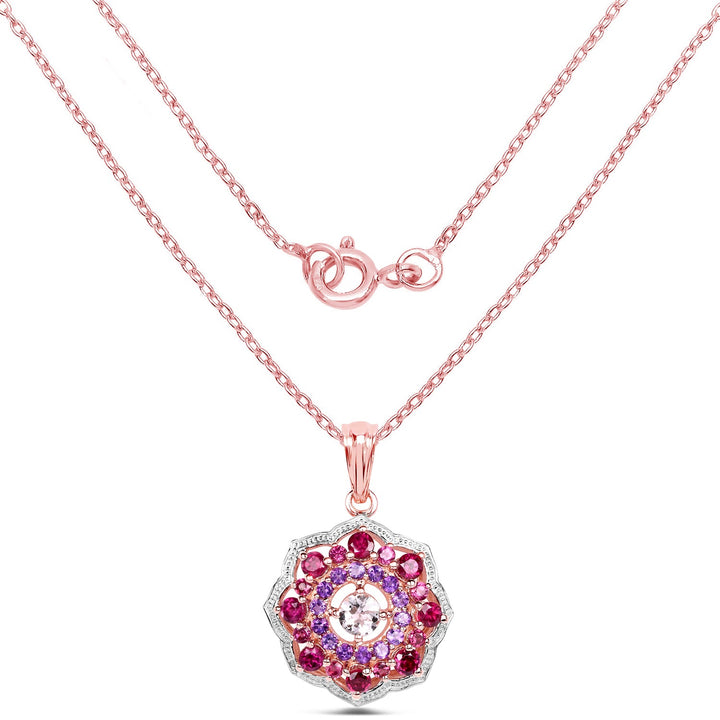 14K Rose Gold Plated 2.30 Carat Genuine Morganite, Rhodolite and Amethyst .925 Sterling Silver Pendant