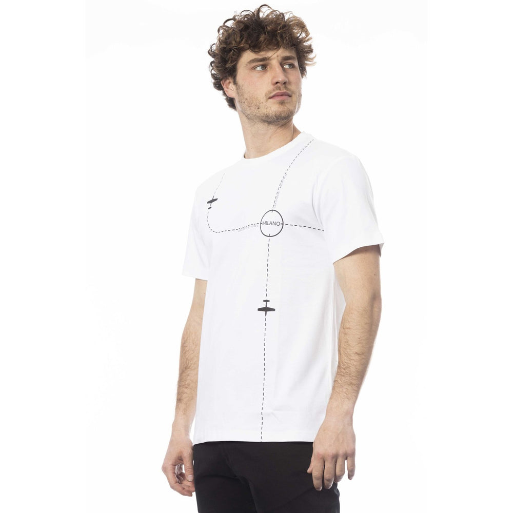 A man wearing a white Trussardi t-shirt with a geometric pattern on the front.