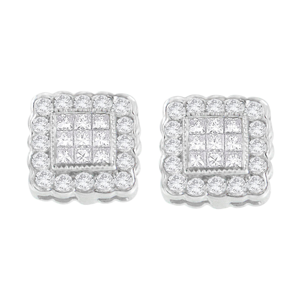 14K White Gold 1.0 Cttw Round Brilliant & Princess Cut Diamond Scallop-Edge Framed Square Halo Stud Earrings (G-H Color, SI1-SI2 Clarity)