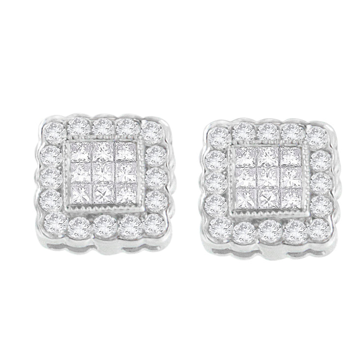 14K White Gold 1.0 Cttw Round Brilliant & Princess Cut Diamond Scallop-Edge Framed Square Halo Stud Earrings (G-H Color, SI1-SI2 Clarity)