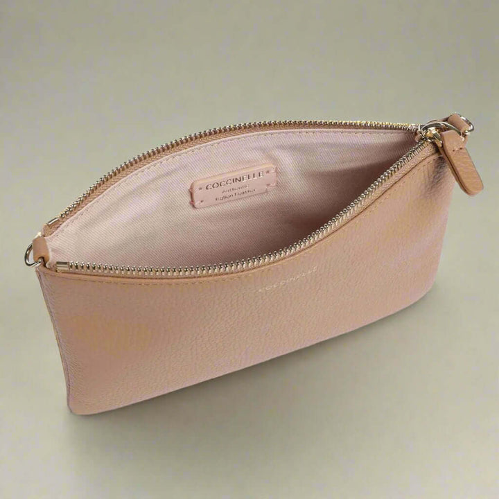 Beige leather pouch with gold zipper on a white background