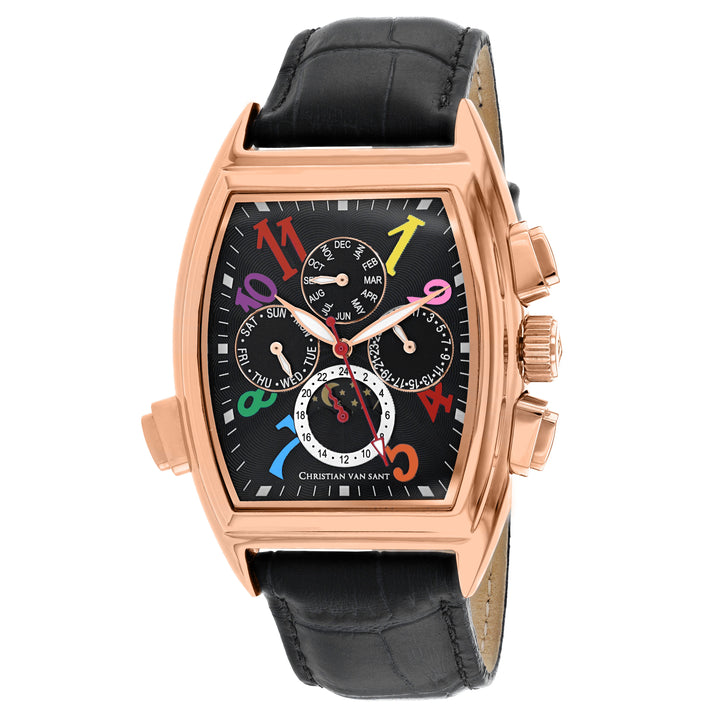 Luxury watch with a black strap and rose gold case on a white background