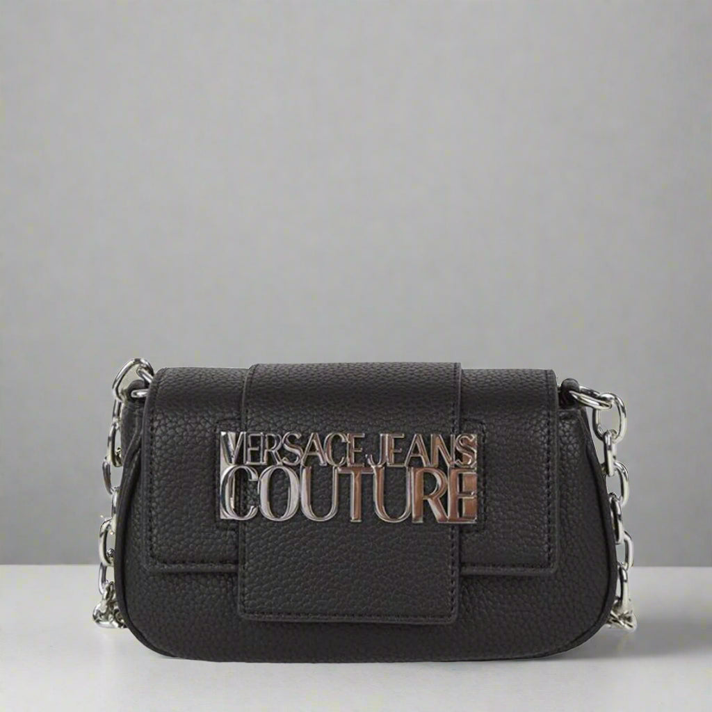 Versace Jeans Couture shoulder bag in black synthetic leather with gold emblem, stylish crossbody design for women.