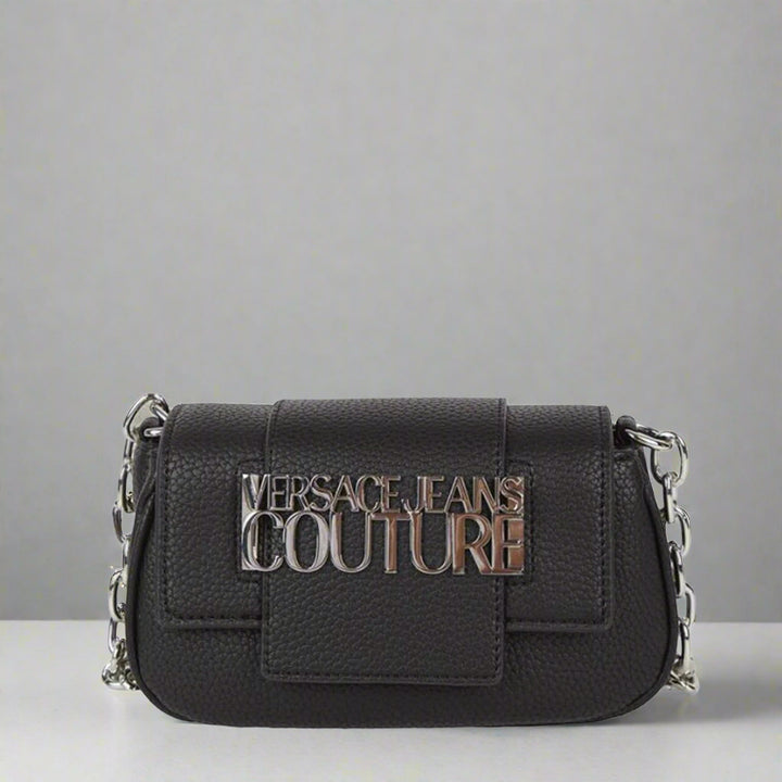 Versace Jeans Couture shoulder bag in black synthetic leather with gold emblem, stylish crossbody design for women.
