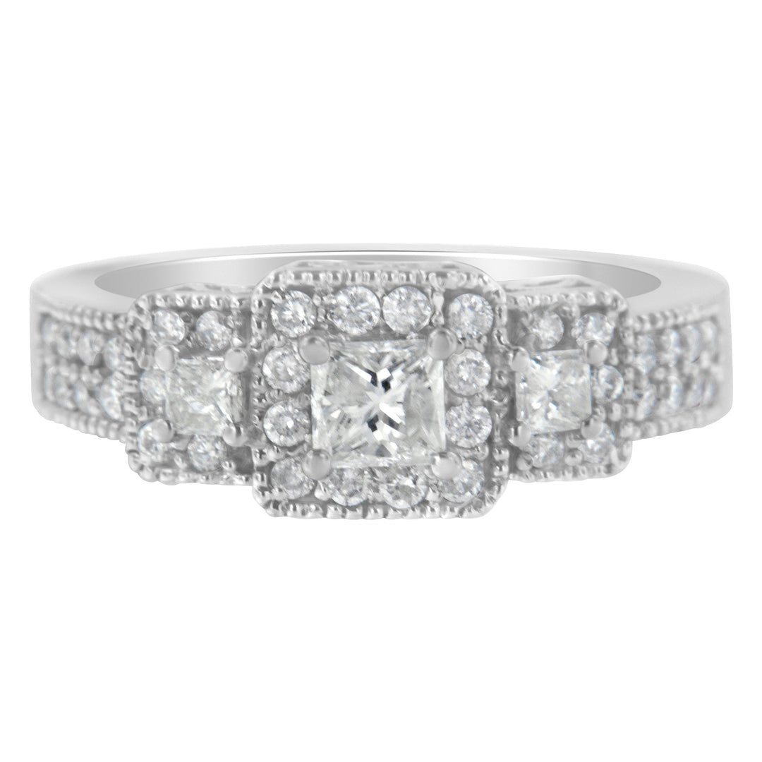 14K White Gold Round and Princess-Cut Diamond Three Stone Ring (1 Cttw, H-I Color, I1-I2 Clarity) - Size 7