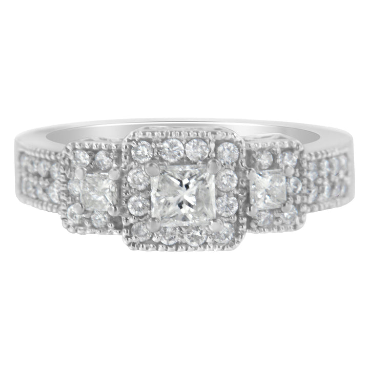 14K White Gold Round and Princess-Cut Diamond Three Stone Ring (1 Cttw, H-I Color, I1-I2 Clarity) - Size 7