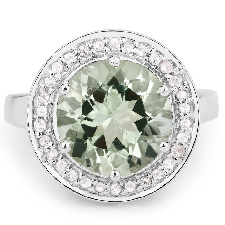 4.94 Carat Genuine Green Amethyst and White Topaz .925 Sterling Silver Ring