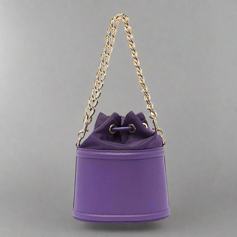 Versace Jeans Couture purple shoulder bag with gold chain and drawstring fastening, stylish synthetic leather handbag.