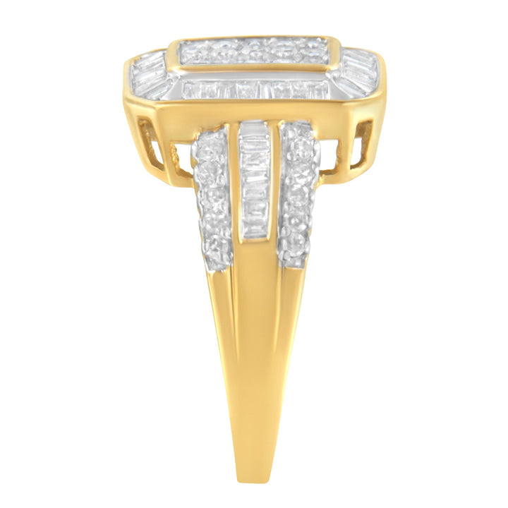 10K Yellow Gold Round and Baguette-Cut Diamond Cluster Ring (1.0 Cttw, I-J Color, SI1-SI2 Clarity) - Size 7
