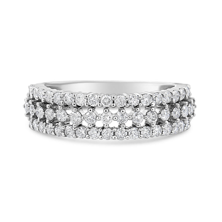 14K White Gold 1.0 Cttw Prong Set Round Diamond Split Shank Three Row Band Ring (H-I Color, I2-I3 Clarity) - Size 6