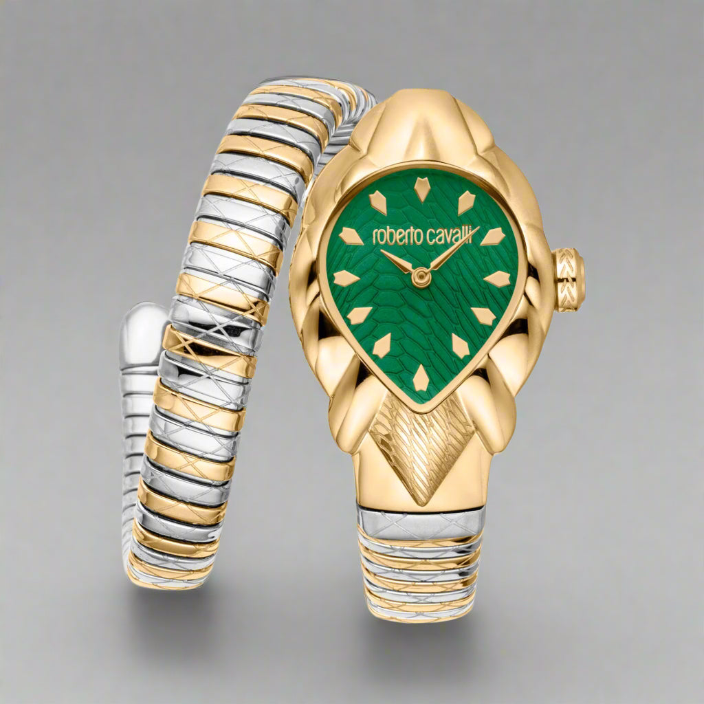 Roberto Cavalli women's spiral serpent two tone w green dial  Watches