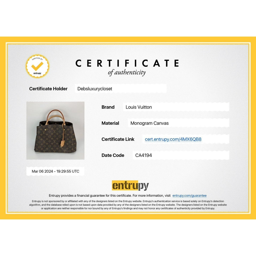 Certificate of authenticity for a Louis Vuitton handbag with product image, brand name, and material details.