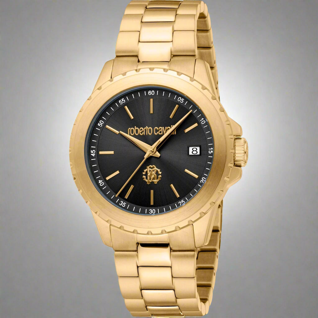 Men's black dial gold tone day date