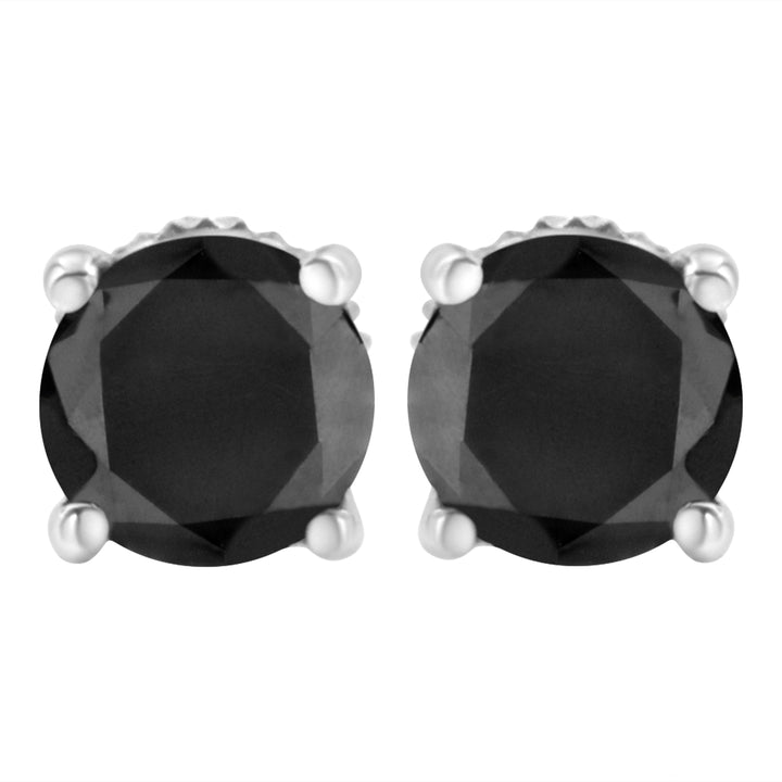 14K White Gold 2.00 Cttw Round Brilliant-Cut Black Diamond Classic 4-Prong Stud Earrings with Screw Backs (Fancy Color-Enhanced, I2-I3 Clarity)