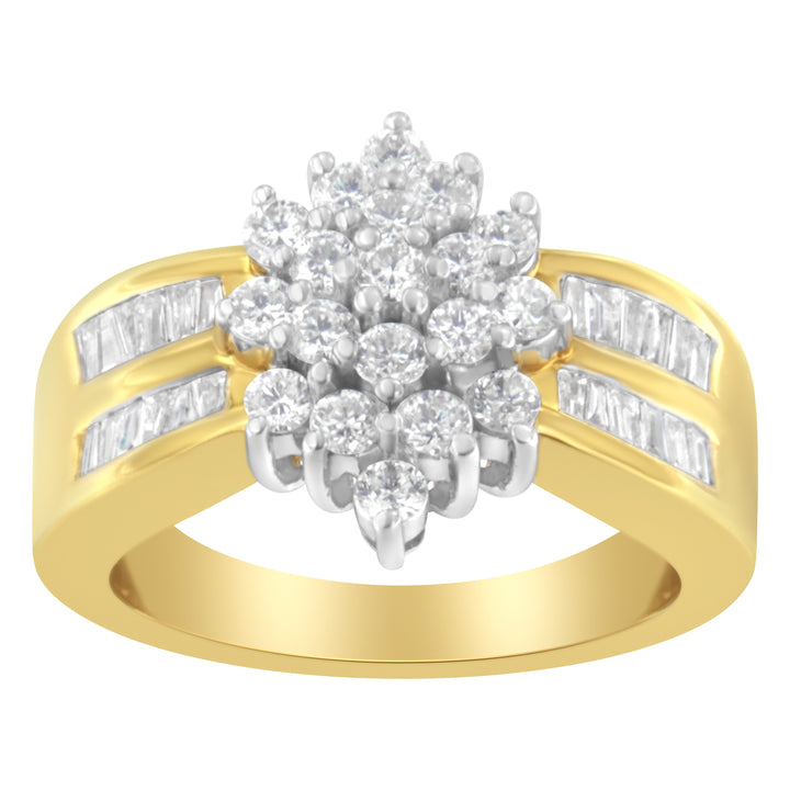 10K Yellow Gold 1.0 Cttw Round & Baguette Cut Diamond Floral Cluster Double-Channel Flared Band Statement Ring (H-I Color, SI2-I1 Clarity) - Size 6-1/2