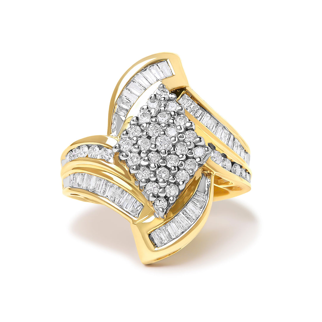 14K Yellow Gold 1-1/3 Cttw Round and Baguette Diamond Bypass Cocktail Ring