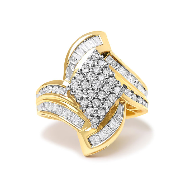 14K Yellow Gold 1-1/3 Cttw Round and Baguette Diamond Bypass Cocktail Ring
