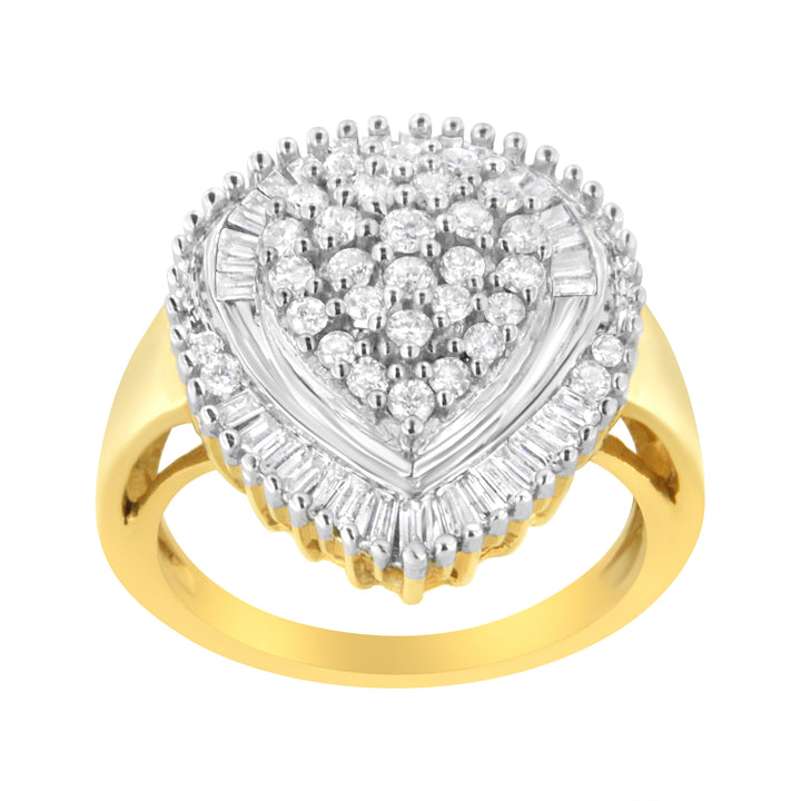 10K Yellow Gold 1.0 Cttw Round and Baguette Cut Diamond Oval Shaped Cluster Ring (I-J Color, I1-I2 Clarity) - Size 7