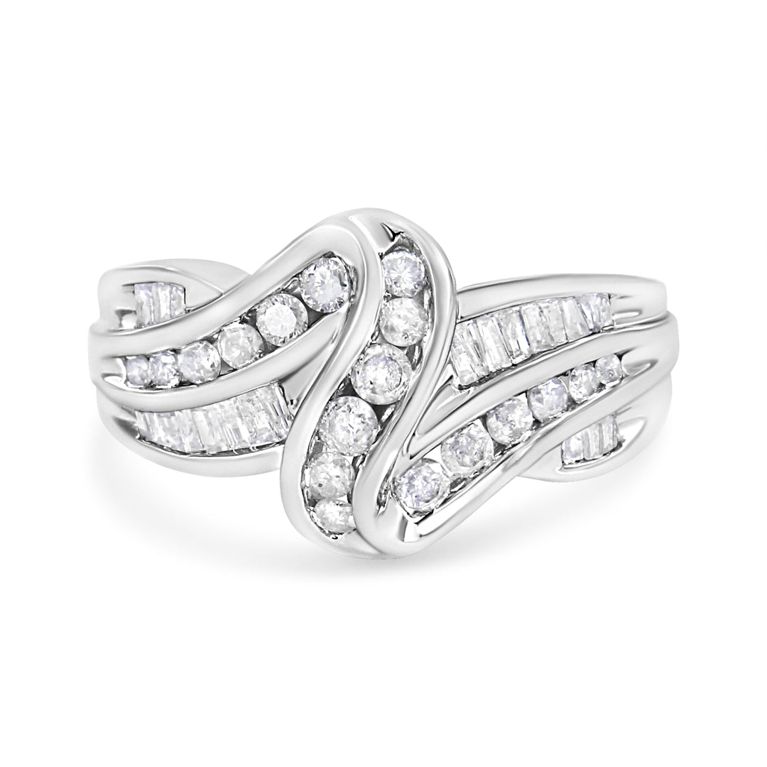 10K White Gold Ring 3/4 Cttw Round and Baguette-Cut Diamond Bypass Ring (H-I Color, I2-I3 Clarity) - Size 6