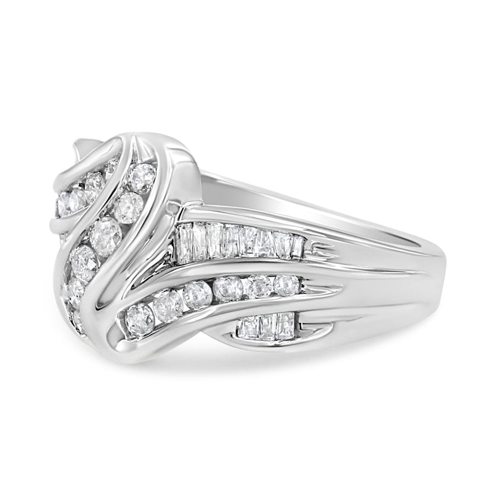 10K White Gold Ring 3/4 Cttw Round and Baguette-Cut Diamond Bypass Ring (H-I Color, I2-I3 Clarity) - Size 6