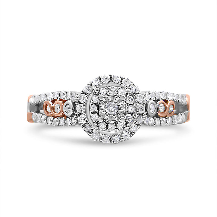 14K Rose Gold Plated .925 Sterling Silver 3/8 Cttw Round Diamond Double Frame Cross-Over Split Shank Engagement Ring (I-J Color, I2-I3 Clarity) - Size 7