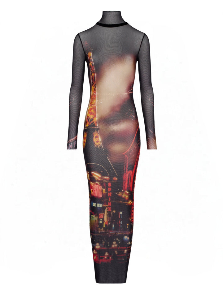 Dress with a cityscape print on a white background