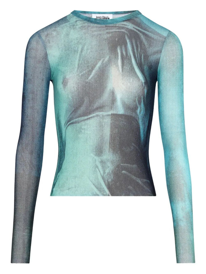 Jean Paul Gaultier Women Mesh Long Sleeves Top Printed "Water"