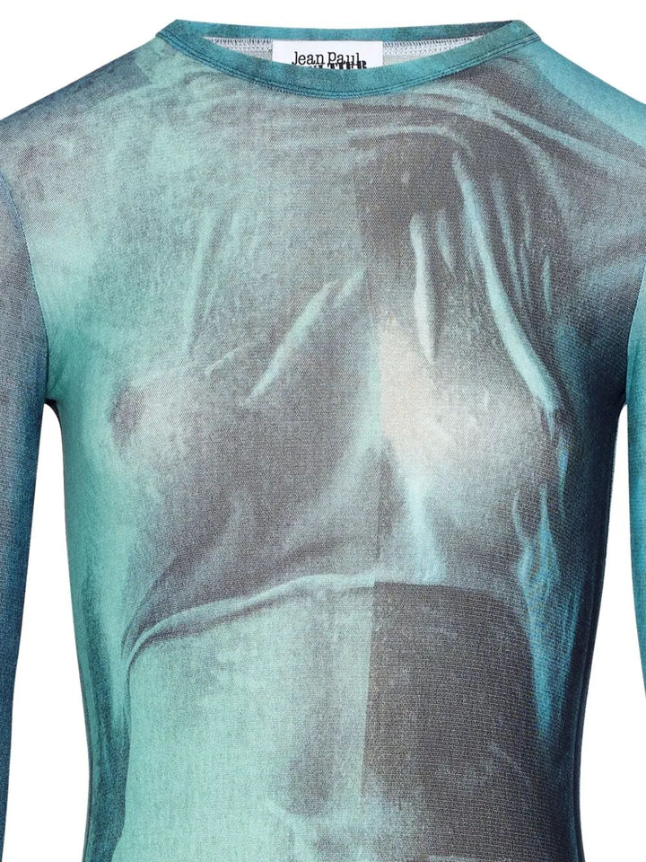 Jean Paul Gaultier Women Mesh Long Sleeves Top Printed "Water"