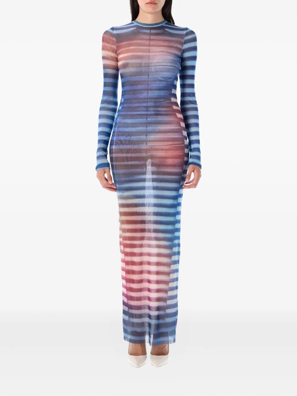 Multicolored striped dress worn by a model on a white background