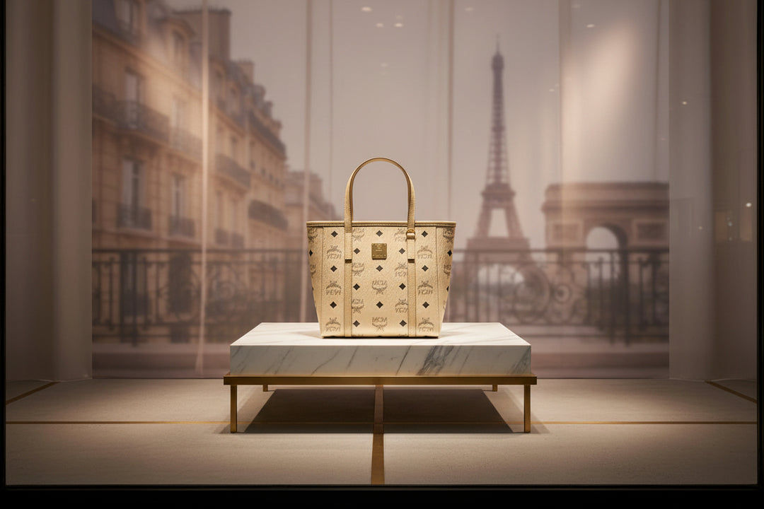 Beige handbag with black diamond pattern and gold logo on a white background