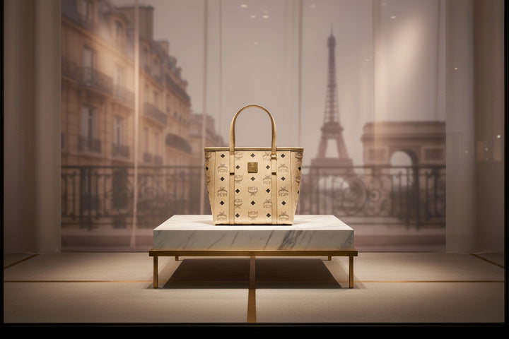 Beige handbag with black diamond pattern and gold logo on a white background