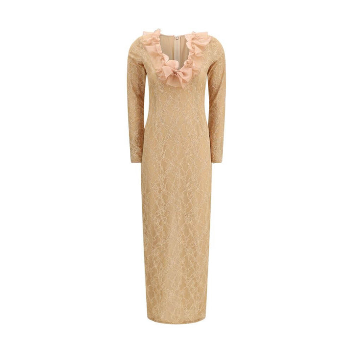 Beige dress with floral details on a white background