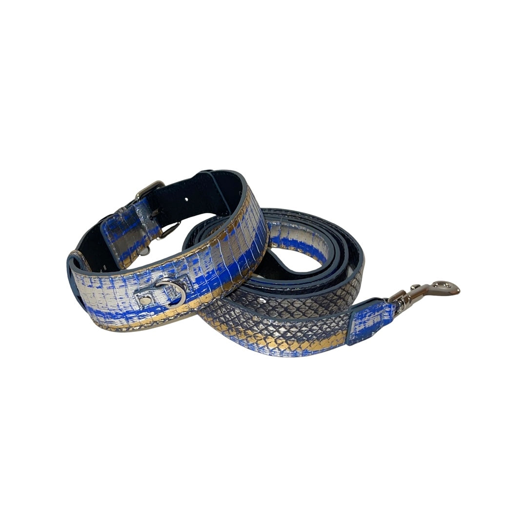 Stunning Multi-Color Blue/Silver/Gold Snake, Classic Collar &amp; Leash Set With Silver Hardware