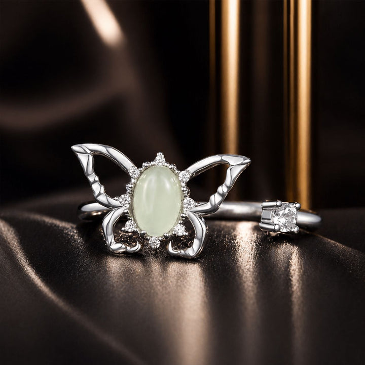 925 Sterling Silver &amp; Natural Jade Pavé Setting Ring for Women