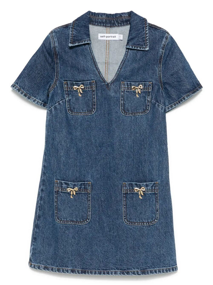 Self-Portrait Women Denim Crystal Bow Mini Dress