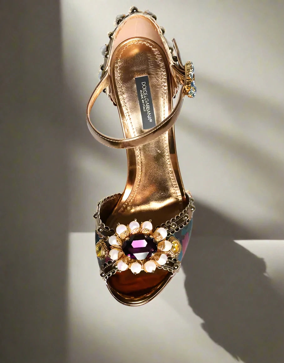 Dolce & Gabbana FUCHSIA JACQUARD EMBELLISHED KEIRA SANDALS SHOES