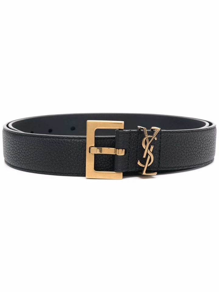 Saint Laurent Men Grained Leather Cassandre Belt With Square Buckle