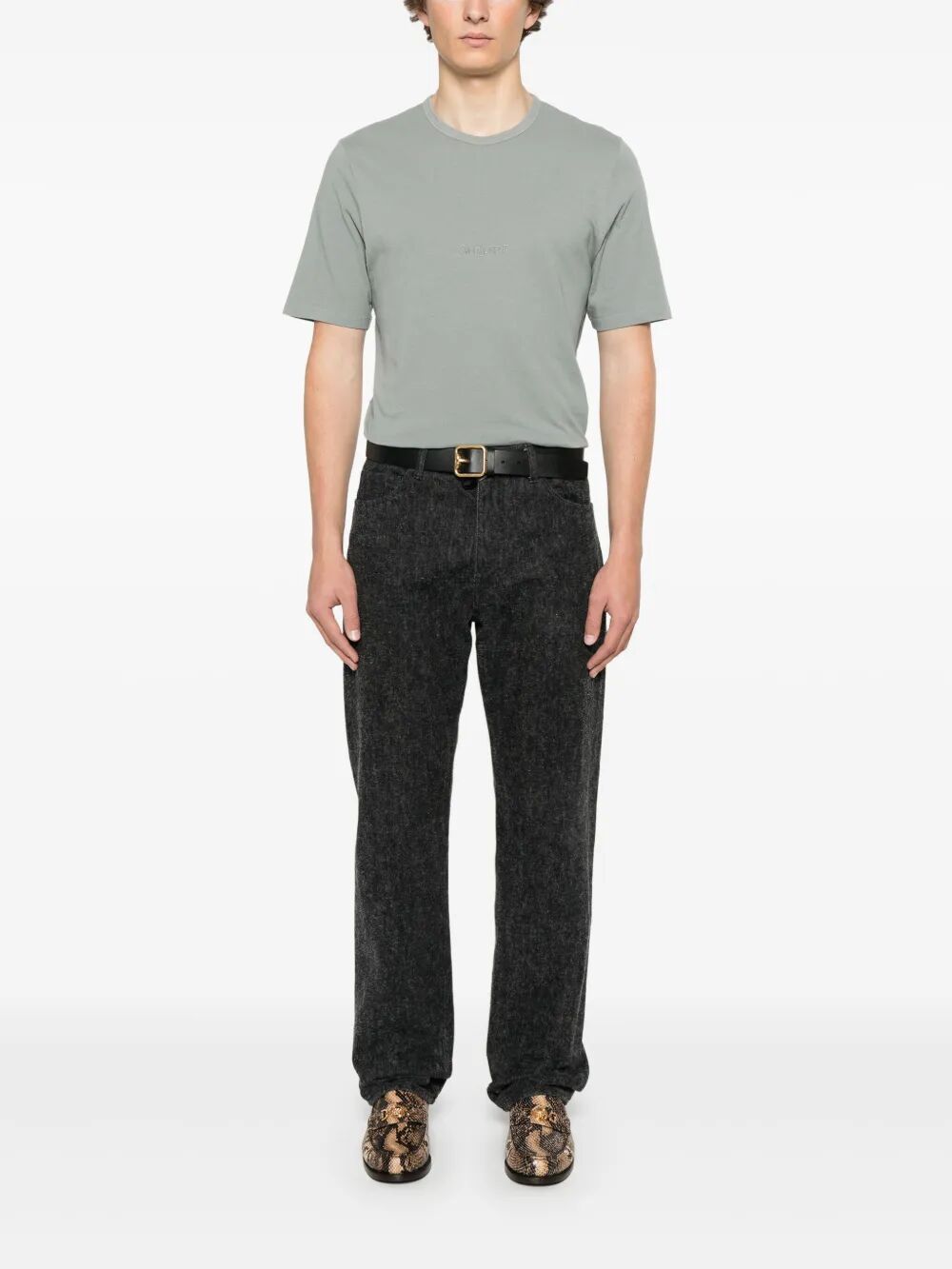 Saint Laurent Men Tonal Logo Embroidery Cotton T-Shirt