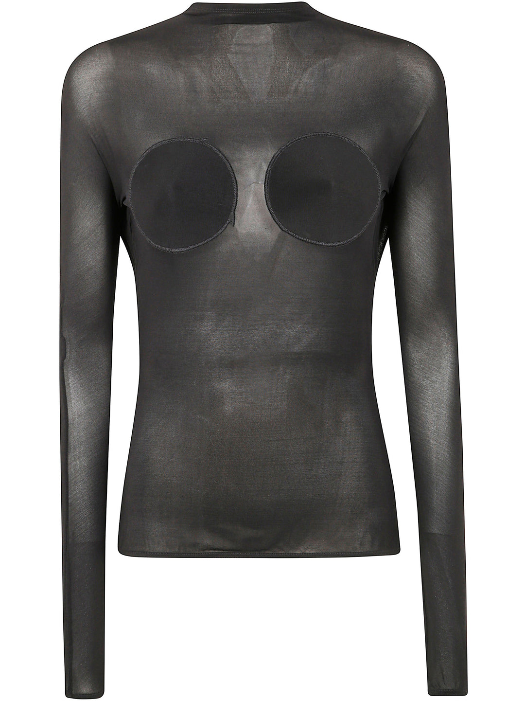 Black sheer long-sleeve top with cut-out design on a white background