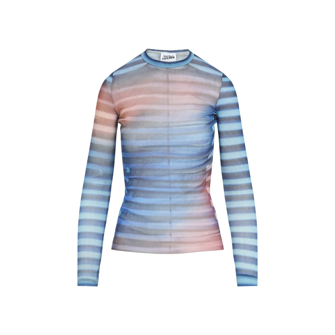 Sheer striped long-sleeve top on a white background