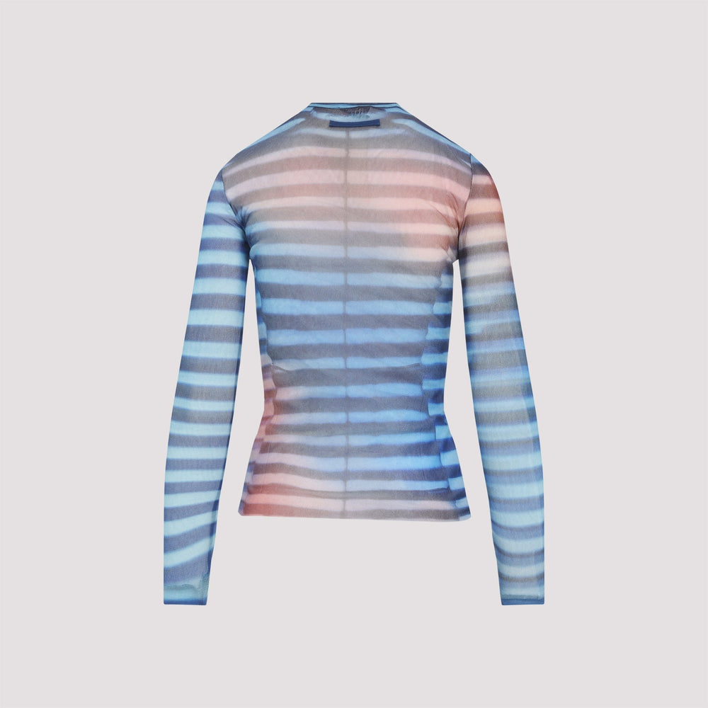 Multicolored striped long-sleeve top on a light gray background