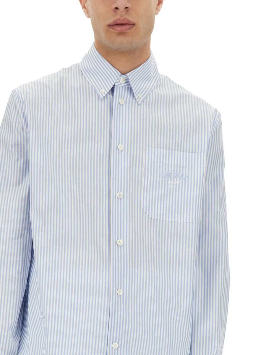 Versace Men Striped Shirt With Silk Printed Insert